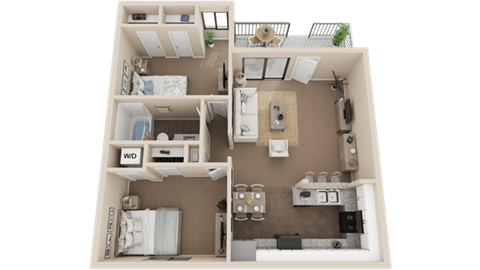 A 3D floor plan of a small apartment with two bedrooms and a living area.